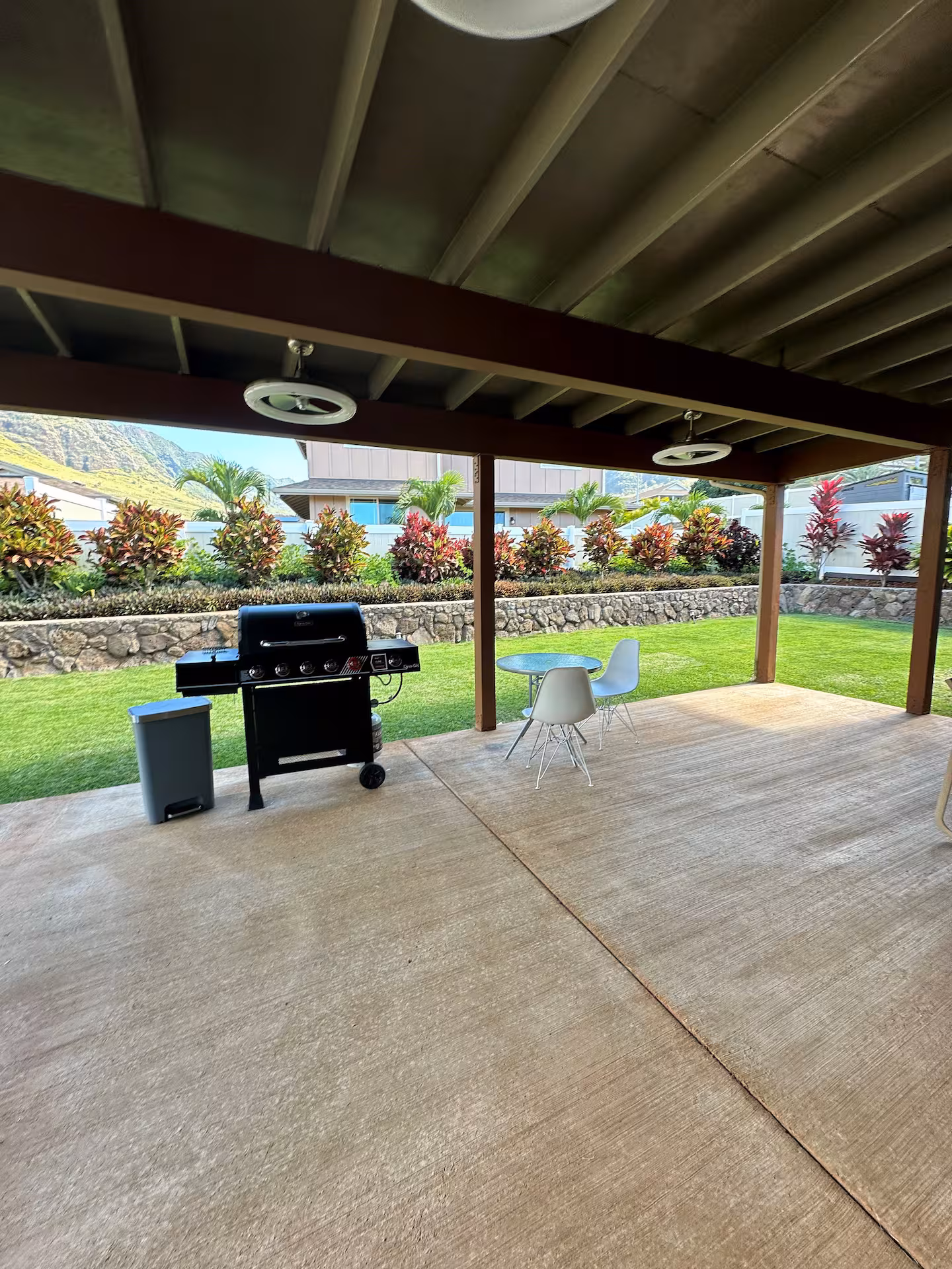 The covered lanai with a gas BBQ, bistro table and the lawn and mountains beyond